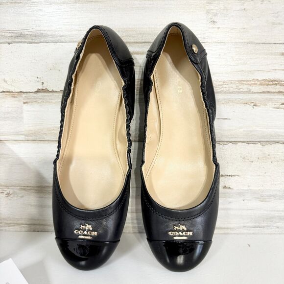 COACH Shoes Women Size 6.5 Black Patent Leather Ballet Flats W/ Box Low Arch - Picture 4 of 6